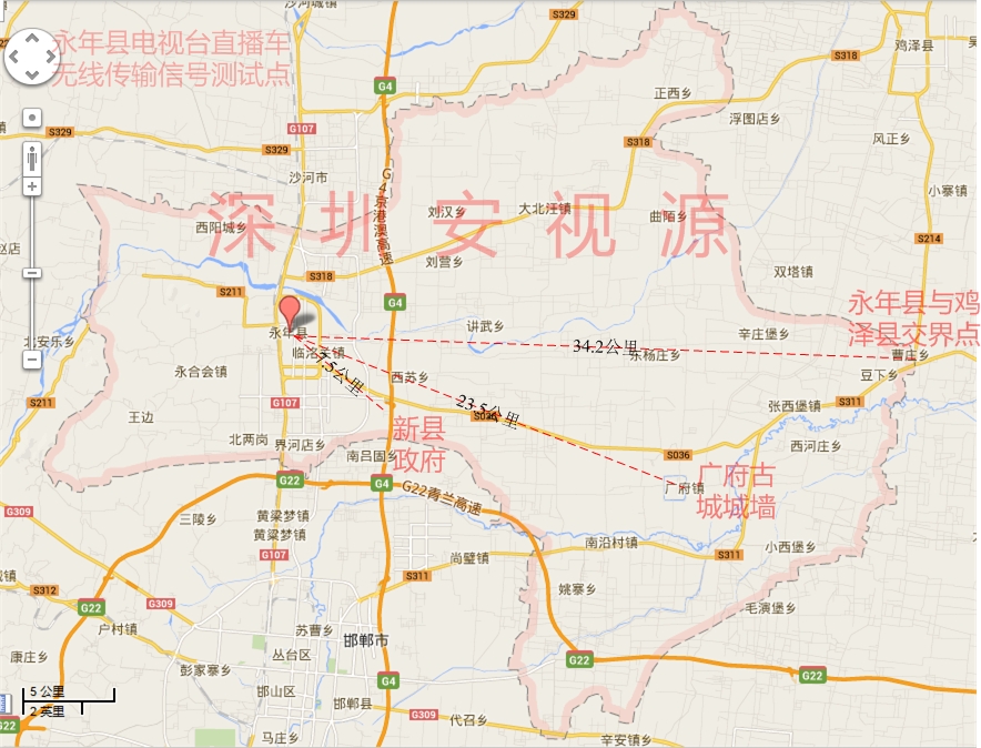 永年縣電視臺(tái)在地圖中的位置以及永年縣版圖內(nèi)各信號(hào)測(cè)試點(diǎn)位置，以及永年縣電視臺(tái)直播車無(wú)線傳輸信號(hào)測(cè)試點(diǎn)
